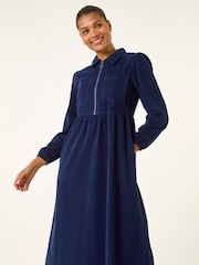 Roman Blue Corduroy Zip Detail Midi Dress - Image 3 of 5