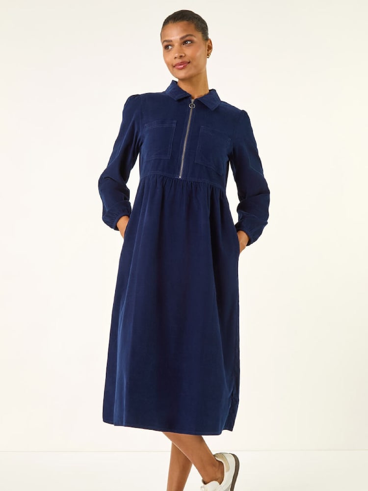 Roman Blue Corduroy Zip Detail Midi Dress - Image 5 of 5 Roman Blue Corduroy Zip Detail Midi Dress - Image 5 of 5
