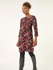 Roman Red Floral Plaid Panel Shift Dress - Image 1 of 5