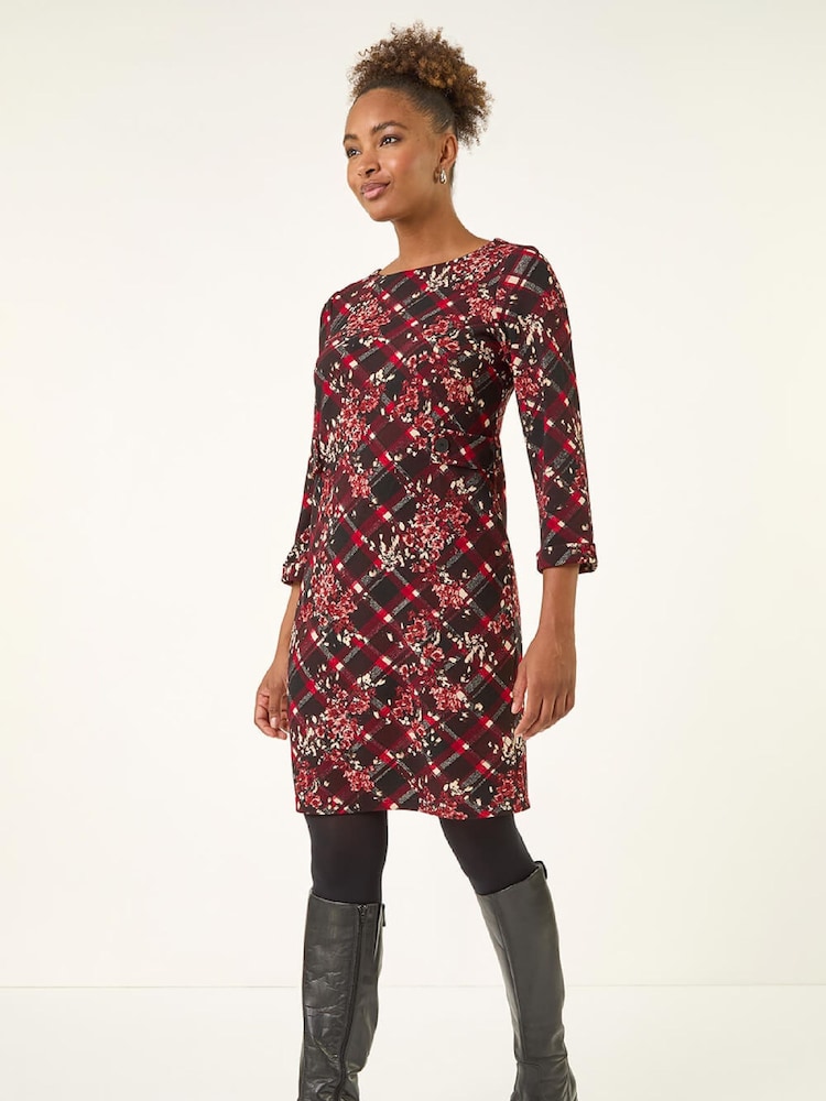 Roman Red Floral Plaid Panel Shift Dress - Image 1 of 5