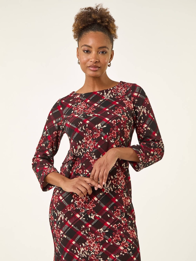 Roman Red Floral Plaid Panel Shift Dress - Image 2 of 5 Roman Red Floral Plaid Panel Shift Dress - Image 2 of 5