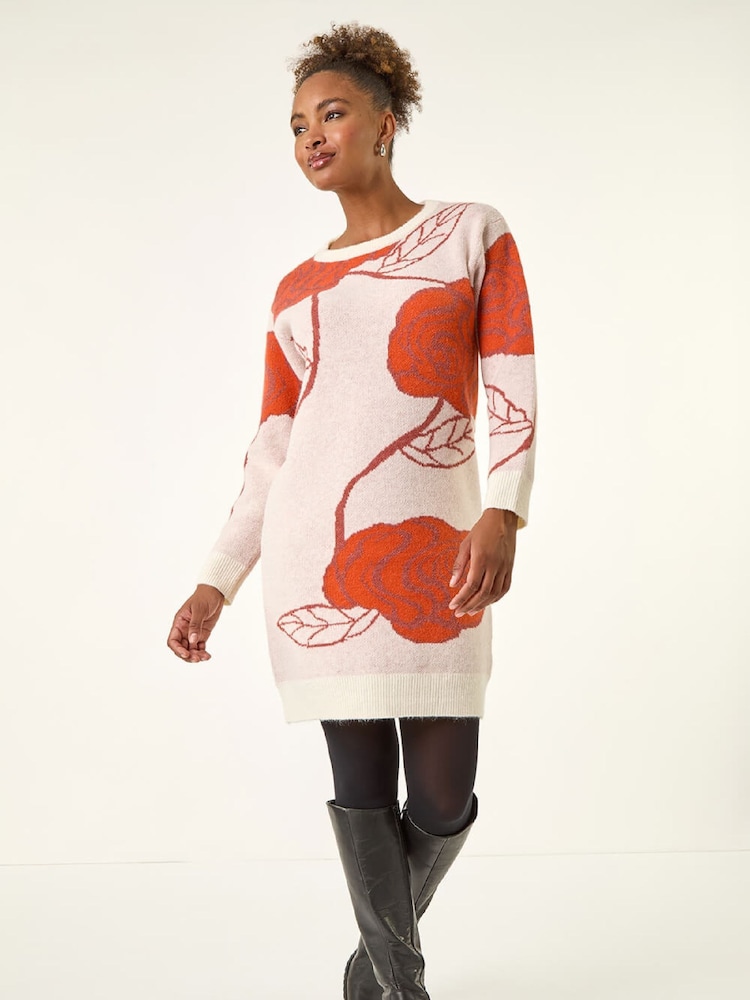Roman Orange Rose Print Knitted Shift Dress - Image 2 of 5 Roman Orange Rose Print Knitted Shift Dress - Image 2 of 5
