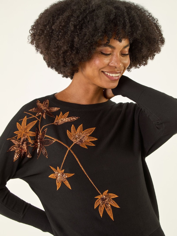 Roman Black Sequin Floral Embroidered Knit Jumper - Image 1 of 5 Roman Black Sequin Floral Embroidered Knit Jumper - Image 1 of 5