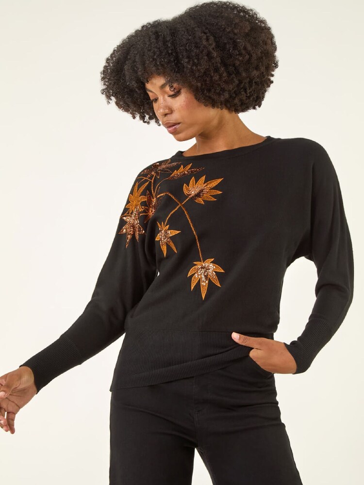 Roman Black Sequin Floral Embroidered Knit Jumper - Image 2 of 5
