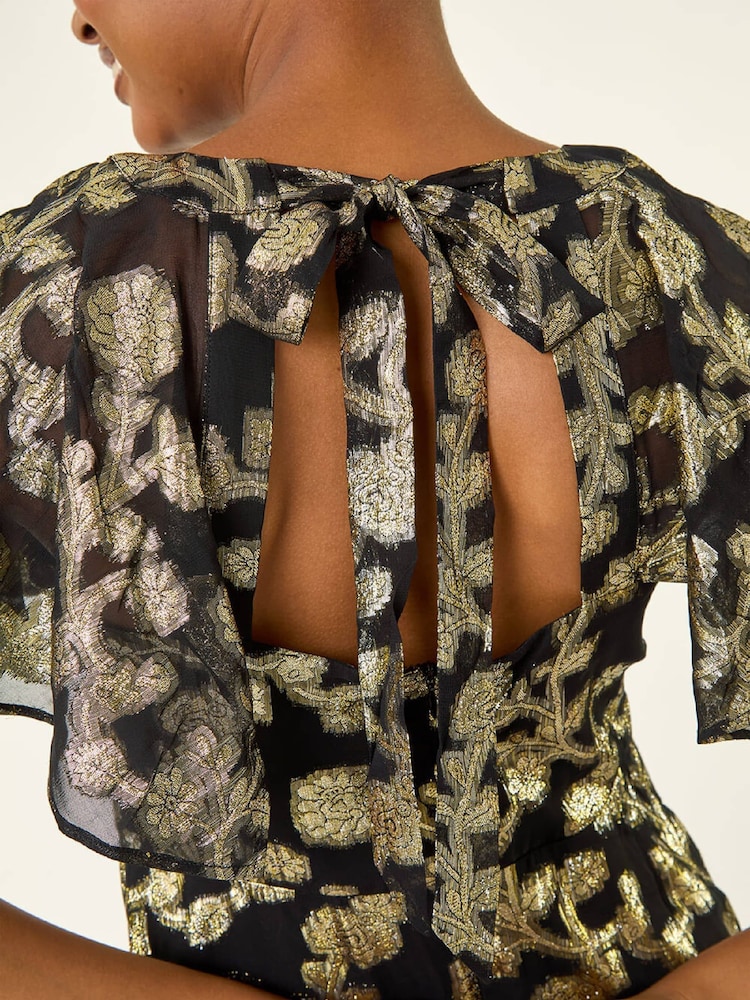 Roman Black Burnout Floral Frill Midi Dress - Image 5 of 5 Roman Black Burnout Floral Frill Midi Dress - Image 5 of 5