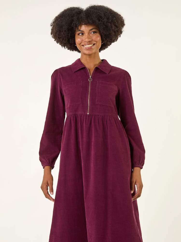 Roman Red Corduroy Zip Detail Midi Dress - Image 1 of 5 Roman Red Corduroy Zip Detail Midi Dress - Image 1 of 5