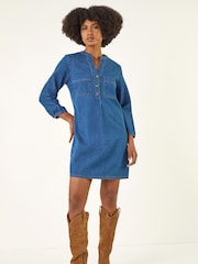 Roman Blue Cotton Denim Button Shift Dress - Image 2 of 5