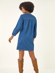 Roman Blue Cotton Denim Button Shift Dress - Image 3 of 5