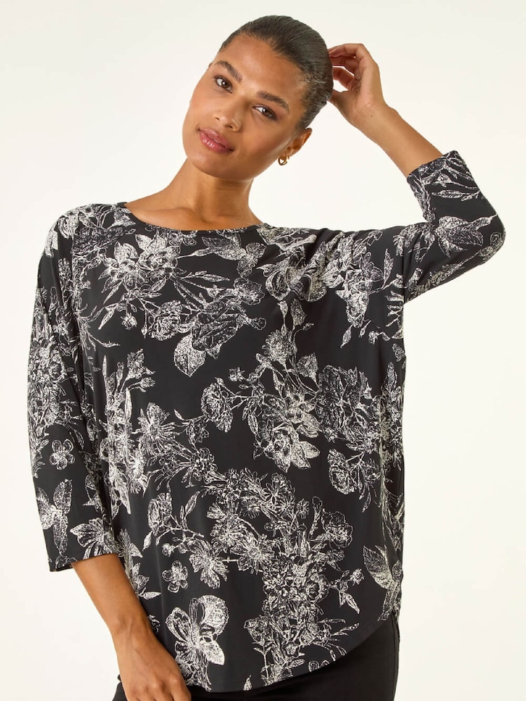 Roman Black Floral Puff Print Stretch Blouse - Image 1 of 5