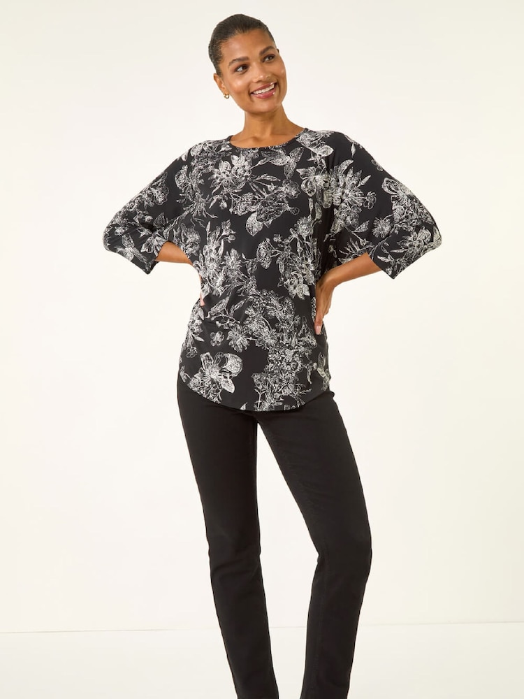 Roman Black Floral Puff Print Stretch Blouse - Image 2 of 5