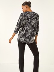 Roman Black Floral Puff Print Stretch Blouse - Image 3 of 5