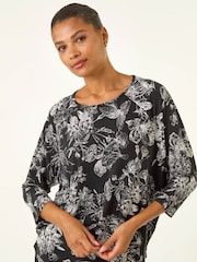 Roman Black Floral Puff Print Stretch Blouse - Image 4 of 5