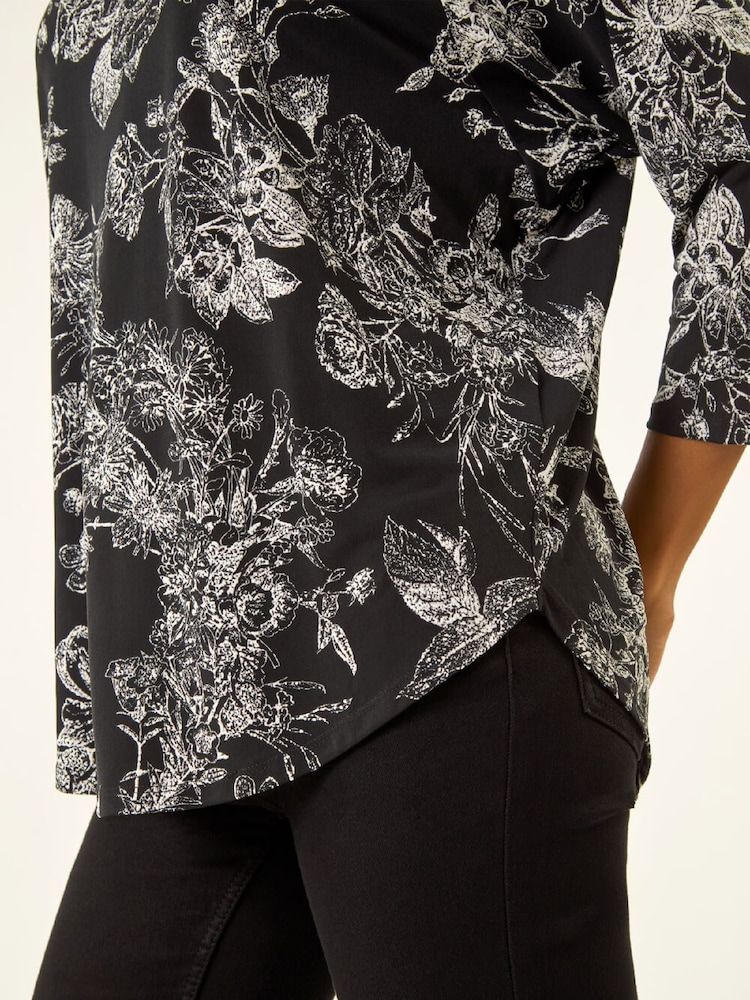 Roman Black Floral Puff Print Stretch Blouse - Image 5 of 5 Roman Black Floral Puff Print Stretch Blouse - Image 5 of 5