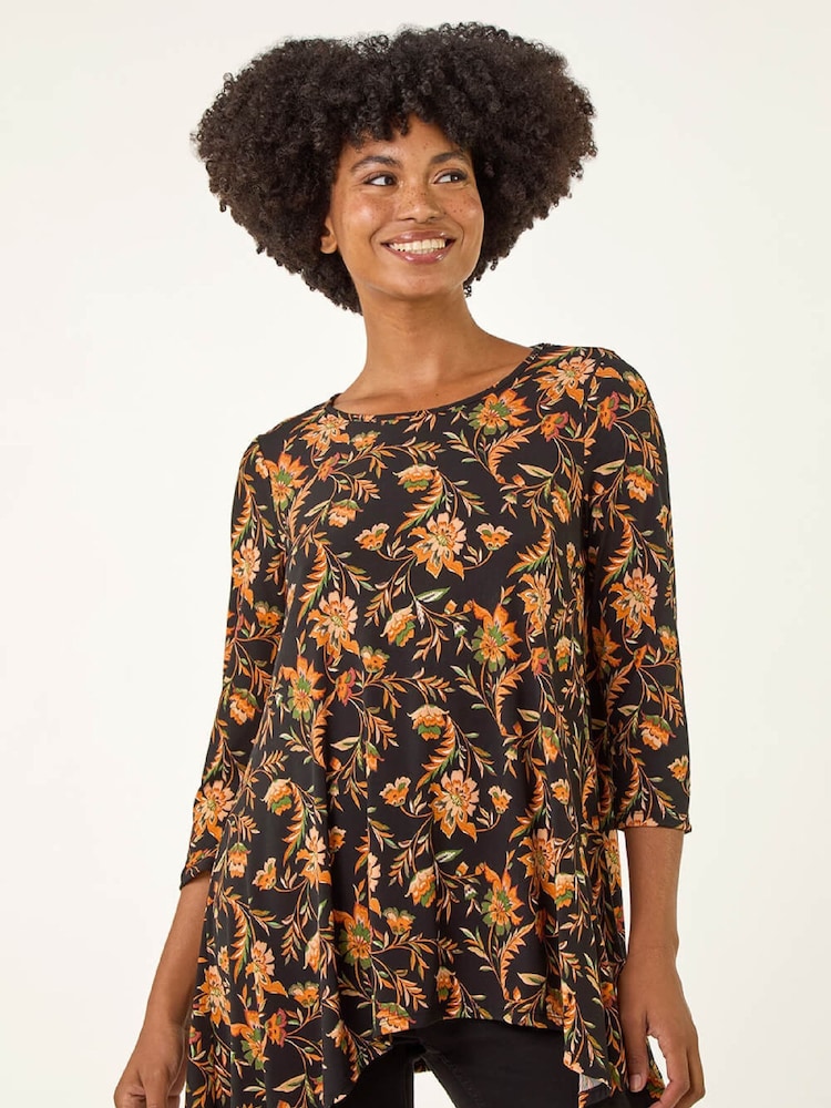Roman Orange Floral Print Hanky Hem Stretch Tunic Top - Image 1 of 5 Roman Orange Floral Print Hanky Hem Stretch Tunic Top - Image 1 of 5