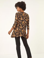 Roman Orange Floral Print Hanky Hem Stretch Tunic Top - Image 3 of 5