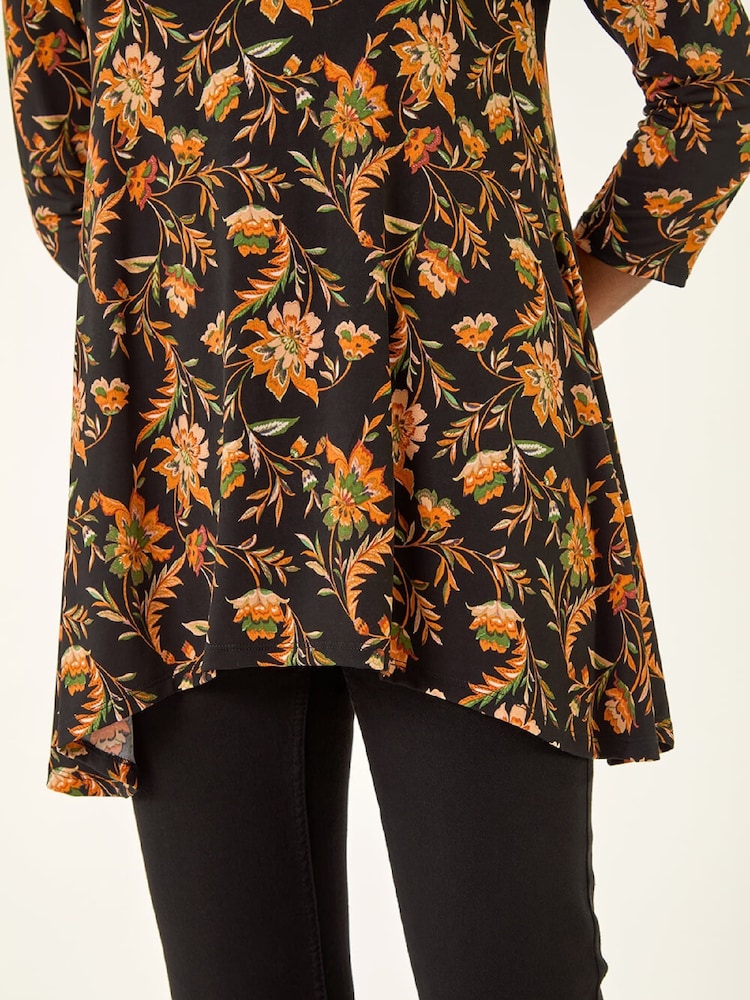 Roman Orange Floral Print Hanky Hem Stretch Tunic Top - Image 5 of 5 Roman Orange Floral Print Hanky Hem Stretch Tunic Top - Image 5 of 5