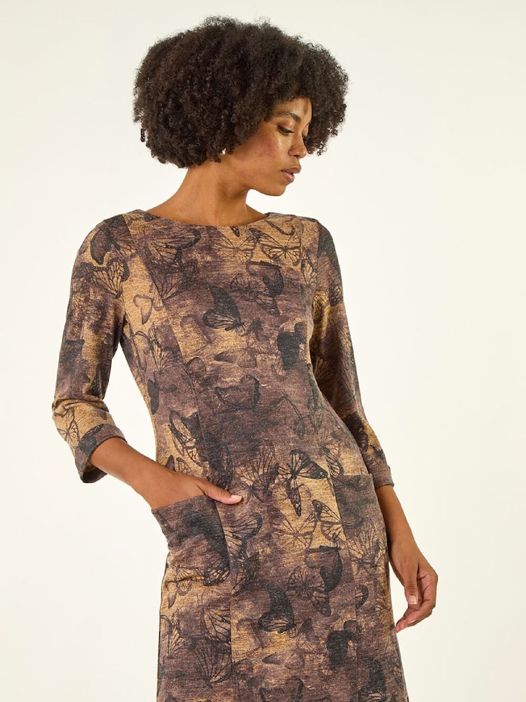 Roman Brown Butterfly Pocket Stretch Shift Dress - Image 1 of 5