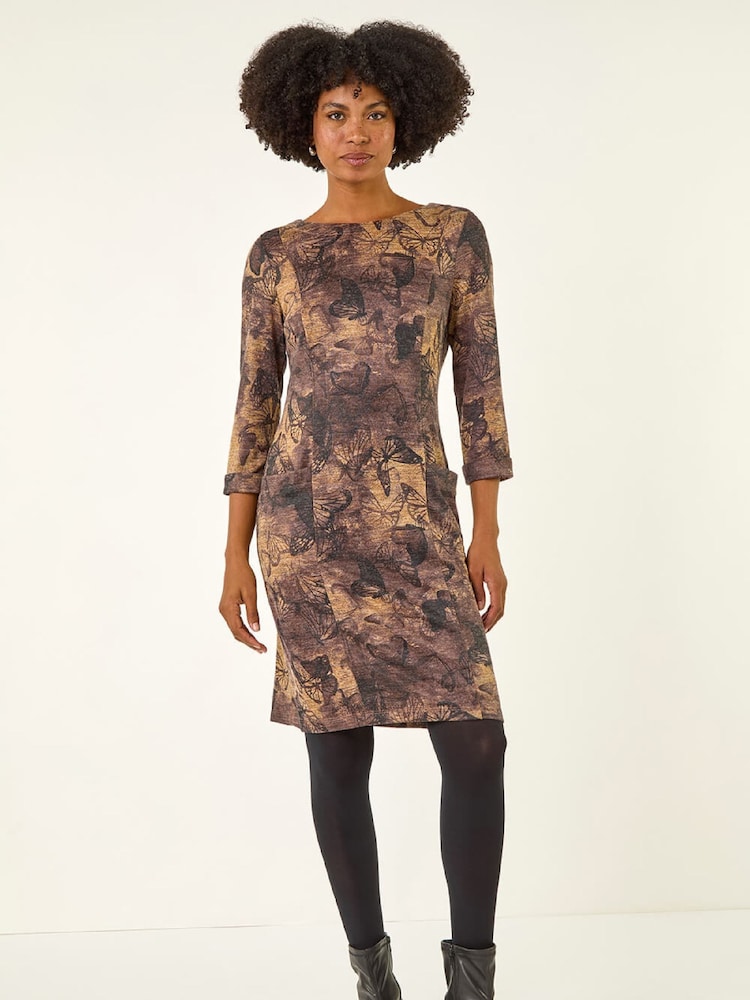 Roman Brown Butterfly Pocket Stretch Shift Dress - Image 2 of 5
