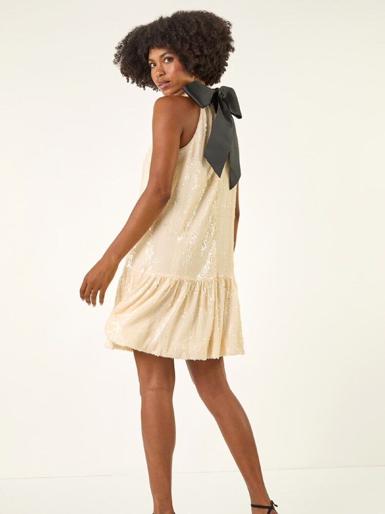 Roman Natural Sequin Bow Back Dress - Image 1 of 5 Roman Natural Sequin Bow Back Dress - Image 1 of 5