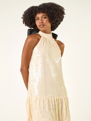 Roman Natural Sequin Bow Back Dress - Image 2 of 5