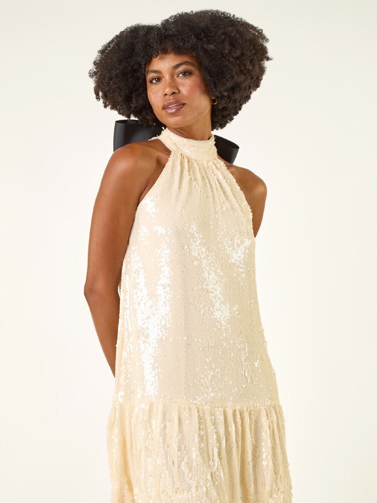 Roman Natural Sequin Bow Back Dress - Image 2 of 5 Roman Natural Sequin Bow Back Dress - Image 2 of 5