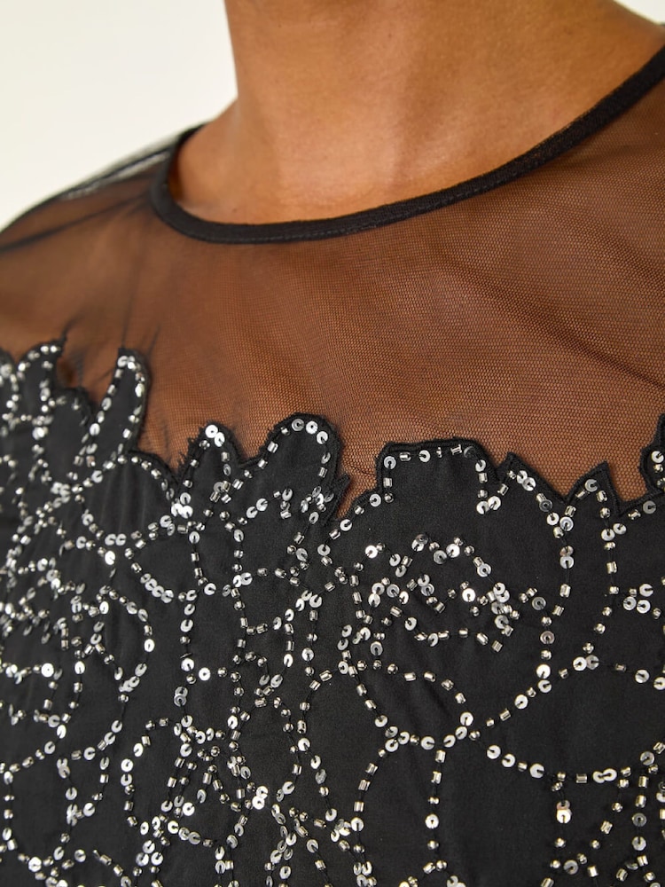 Roman Black Sequin Floral Sheer Tunic Top - Image 5 of 5 Roman Black Sequin Floral Sheer Tunic Top - Image 5 of 5