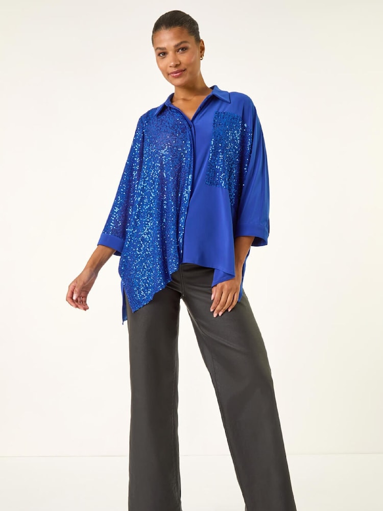 Roman Blue Sequin Buttoned Blouse - Image 2 of 5