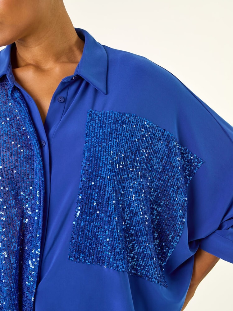 Roman Blue Sequin Buttoned Blouse - Image 5 of 5