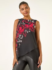 Roman Red Floral Wrap Embellished Tunic Top - Image 1 of 5