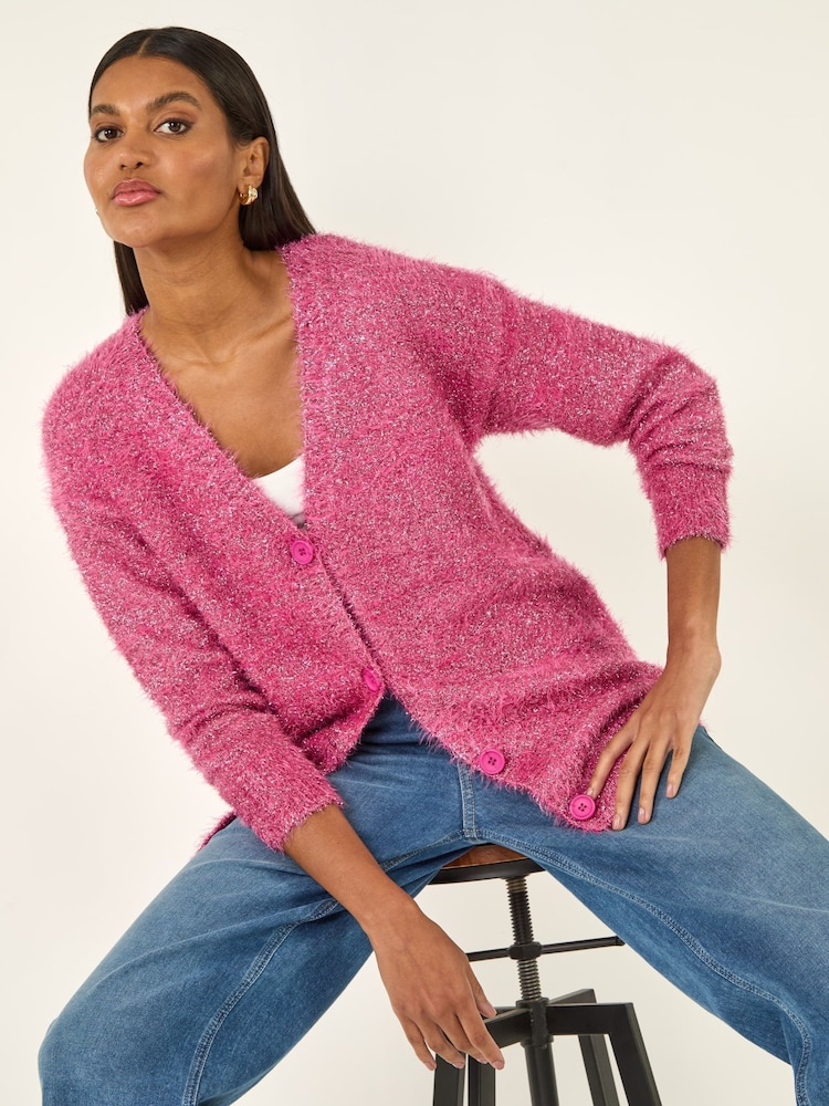 Roman Pink Buttoned Tinsle Knit Cardigan - Image 1 of 5 Roman Pink Buttoned Tinsle Knit Cardigan - Image 1 of 5