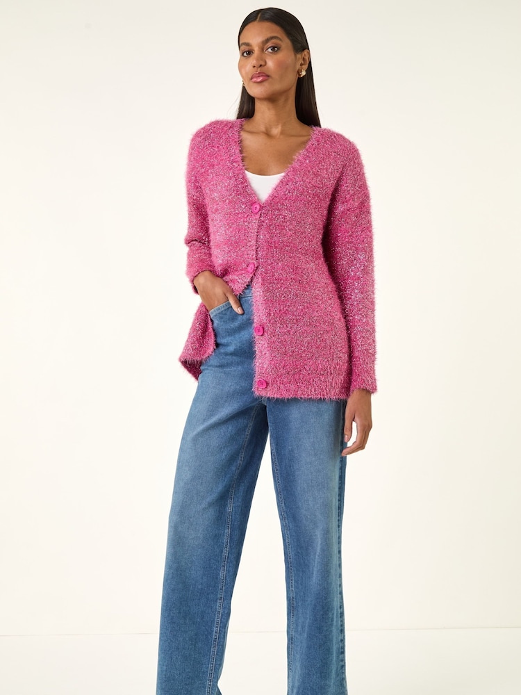Roman Pink Buttoned Tinsle Knit Cardigan - Image 2 of 5 Roman Pink Buttoned Tinsle Knit Cardigan - Image 2 of 5