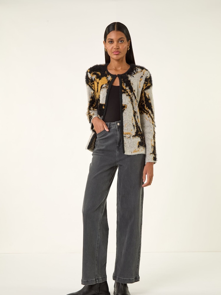 Roman Grey Fluffy Textured Knit Cardigan - Image 1 of 5