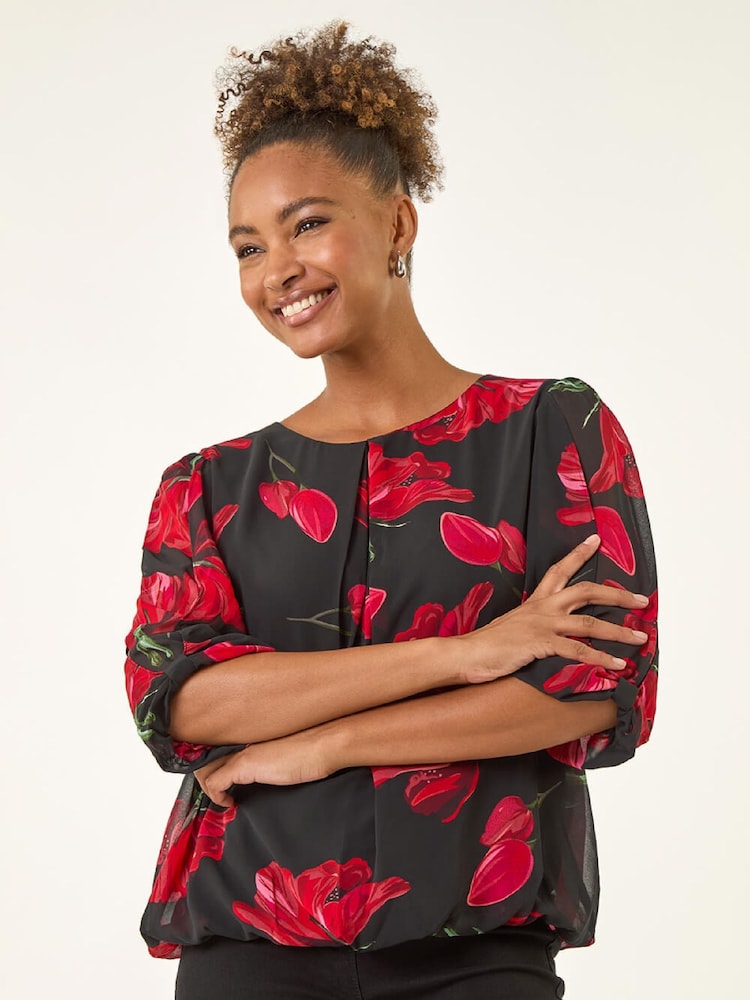 Roman Red Floral Shoulder Bow Pleated T-Shirt - Image 2 of 5