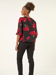 Roman Red Floral Shoulder Bow Pleated T-Shirt - Image 3 of 5