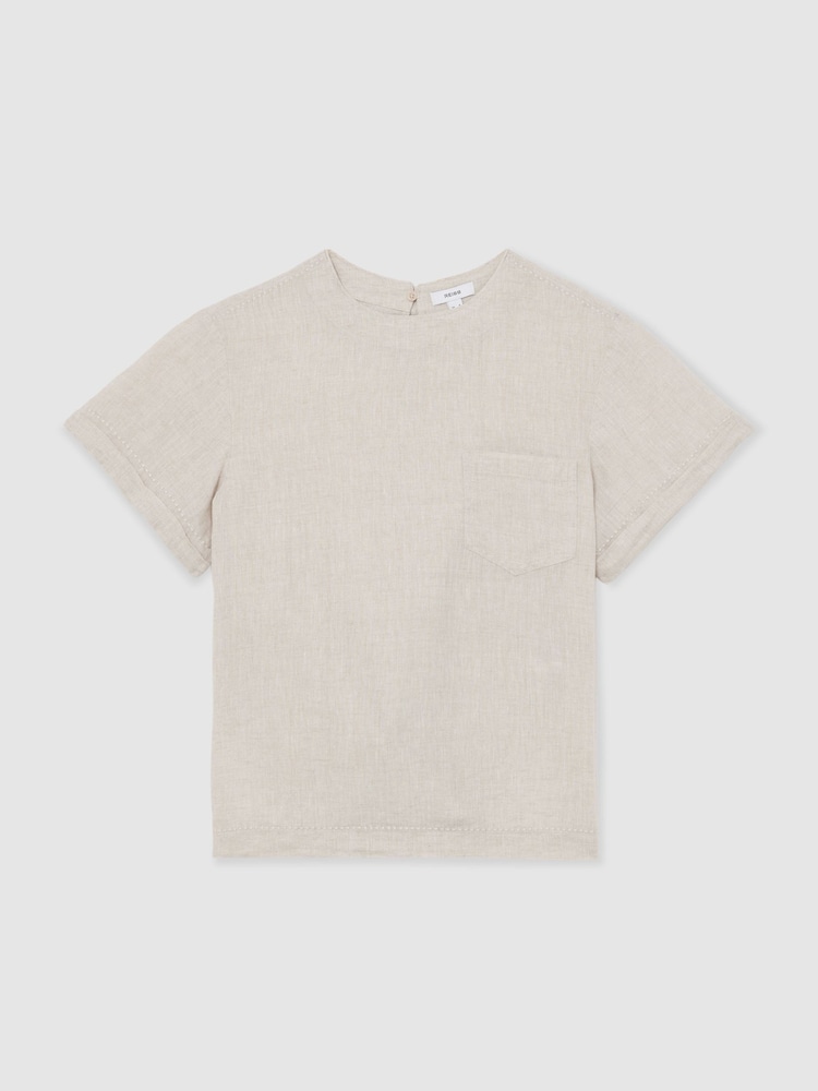 Reiss Beige Neutral Tamara Linen Patch-Pocket T-Shirt - Image 2 of 6