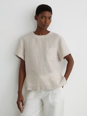 Reiss Beige Neutral Tamara Linen Patch-Pocket T-Shirt - Image 3 of 6