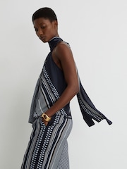 Reiss Navy Anna Scarf-Print Tie-Neck Sleeveless Top - Image 1 of 7