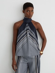 Reiss Navy Anna Scarf-Print Tie-Neck Sleeveless Top - Image 3 of 7