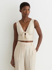 Reiss Cream/Black Jayce Pinstripe Tie-Front Cropped Top - Image 1 of 6