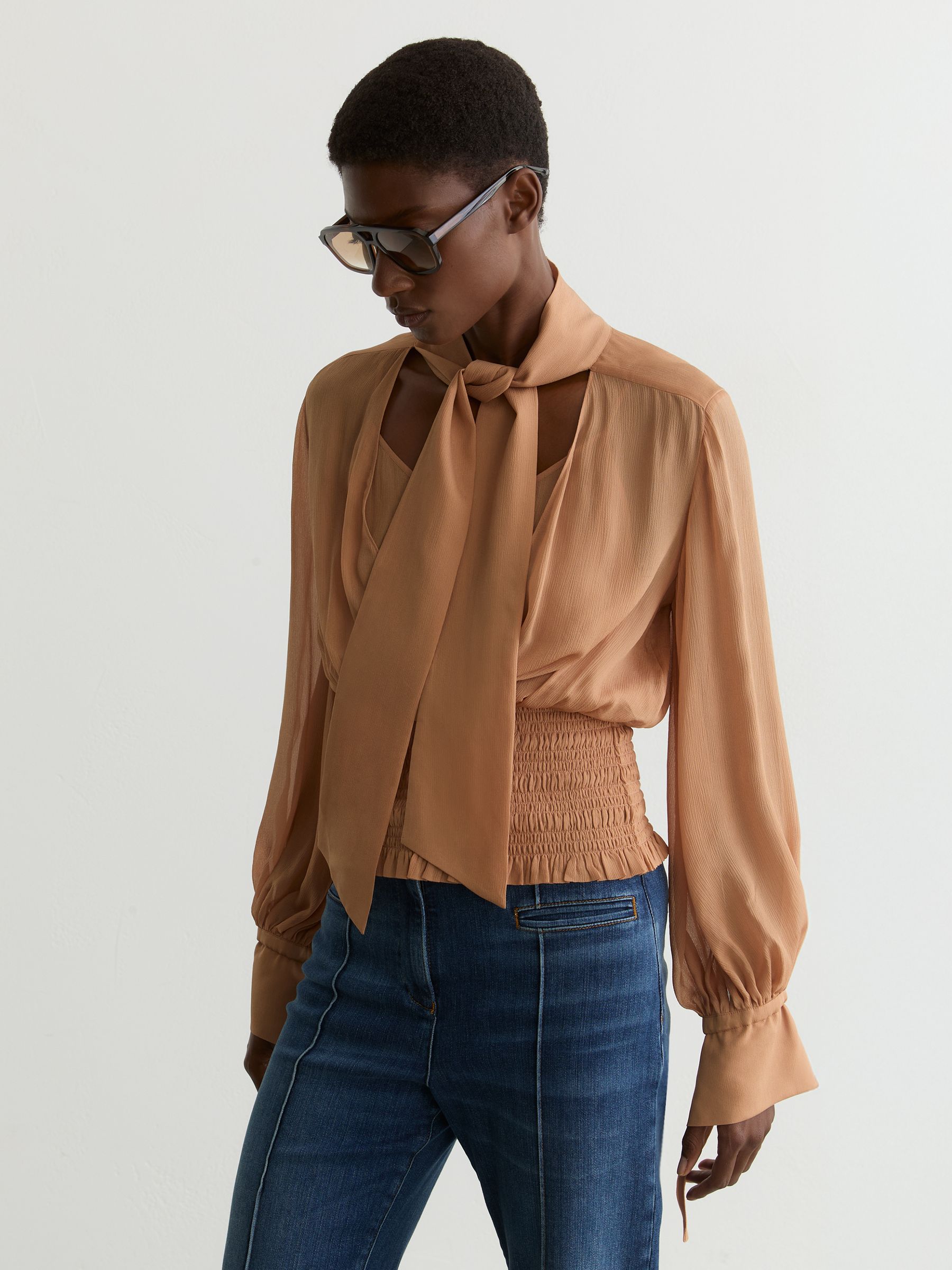 トップス AMERI SHIRRING PLEATS BLOUSE Buy Reiss Rust Orange Phoebe Sheer Tie-Neck Shirred Blouse from