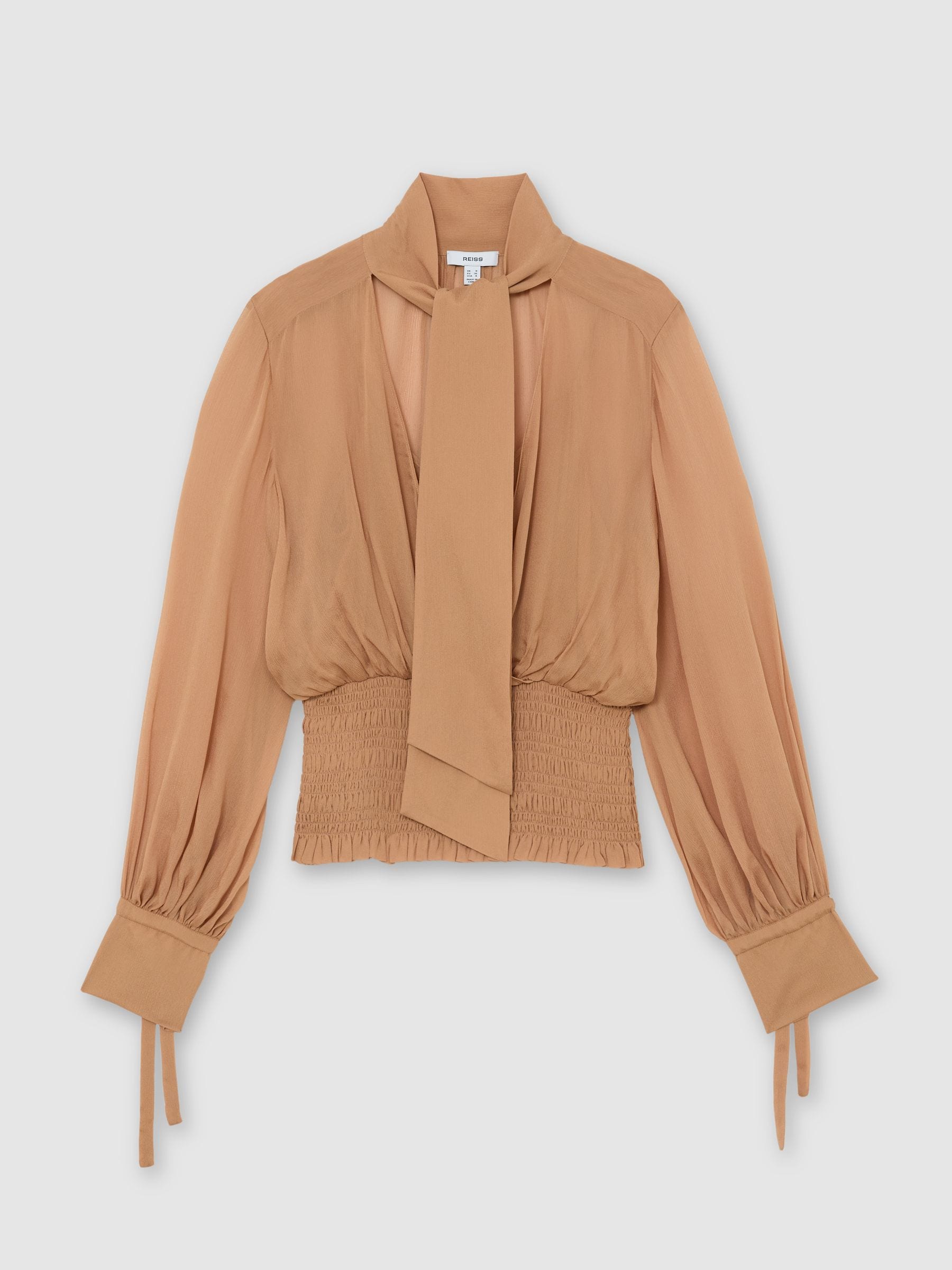 Buy Reiss Rust Orange Phoebe Sheer Tie-Neck Shirred Blouse from