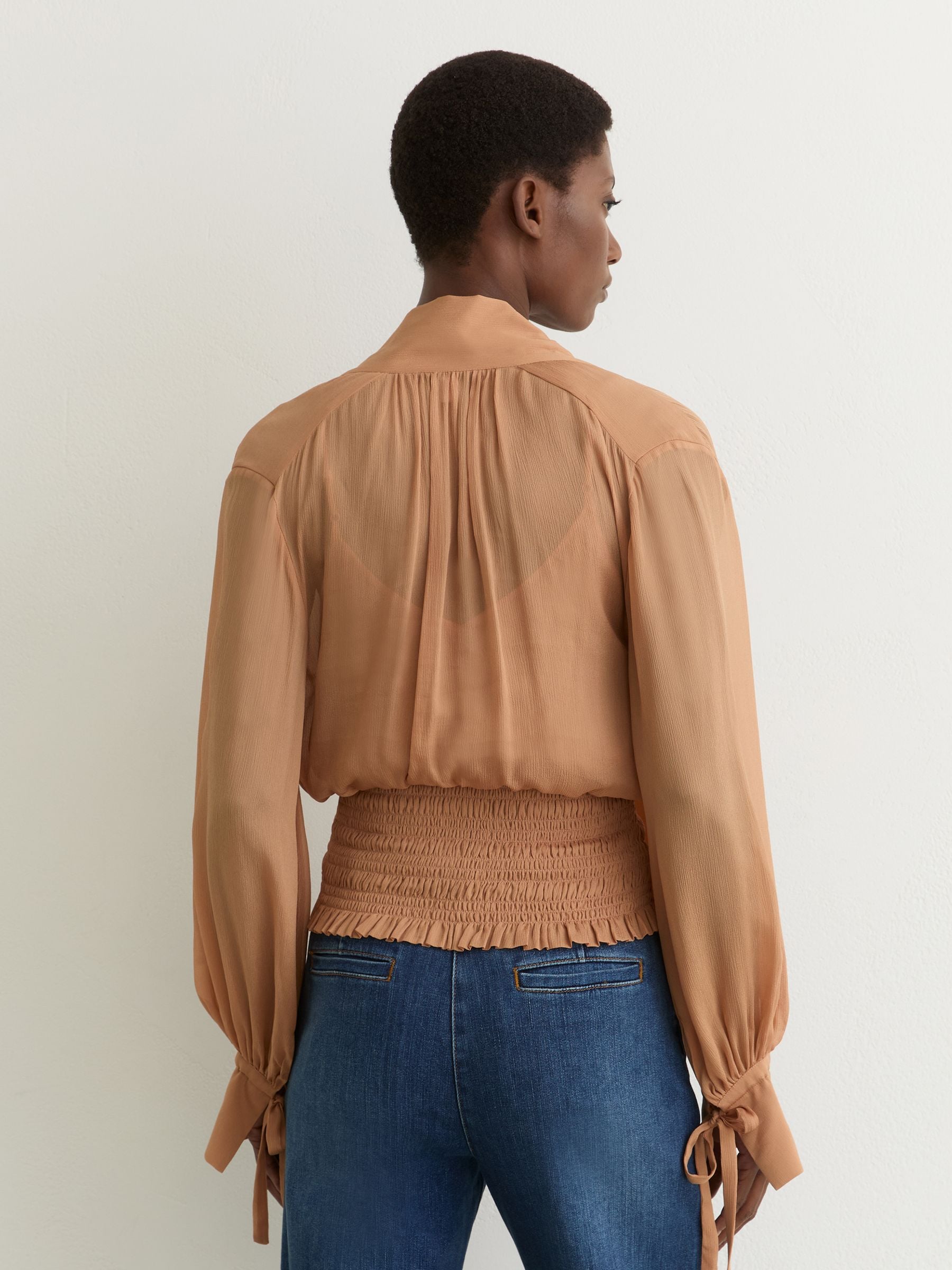 Buy Reiss Rust Orange Phoebe Sheer Tie-Neck Shirred Blouse from