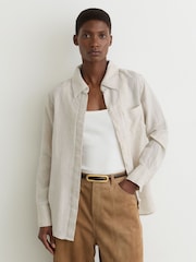 Reiss Beige Neutral Belle Linen Patch-Pocket Long-Sleeve Shirt - Image 1 of 6