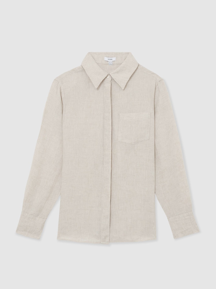 Reiss Beige Neutral Belle Linen Patch-Pocket Long-Sleeve Shirt - Image 2 of 6