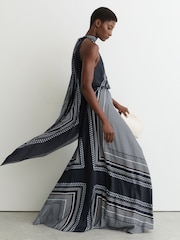 Reiss Navy Skylar Scarf-Print Tie-Neck Maxi Dress - Image 1 of 7