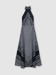 Reiss Navy Skylar Scarf-Print Tie-Neck Maxi Dress - Image 2 of 7