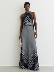 Reiss Navy Skylar Scarf-Print Tie-Neck Maxi Dress - Image 3 of 7