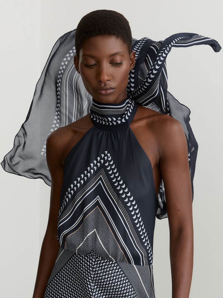 scarf print halter maxi dress Buy Reiss Navy Skylar Scarf-Print Tie-Neck from Next USA plunge neck formal dress