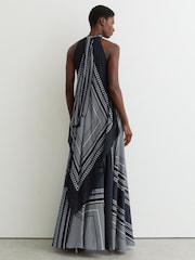 Reiss Navy Skylar Scarf-Print Tie-Neck Maxi Dress - Image 6 of 7
