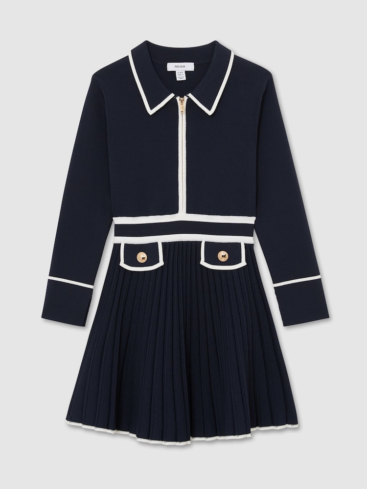 Reiss Navy Anne 13-14 yrs Pleated Tipped Knit Dress - Image 3 of 3